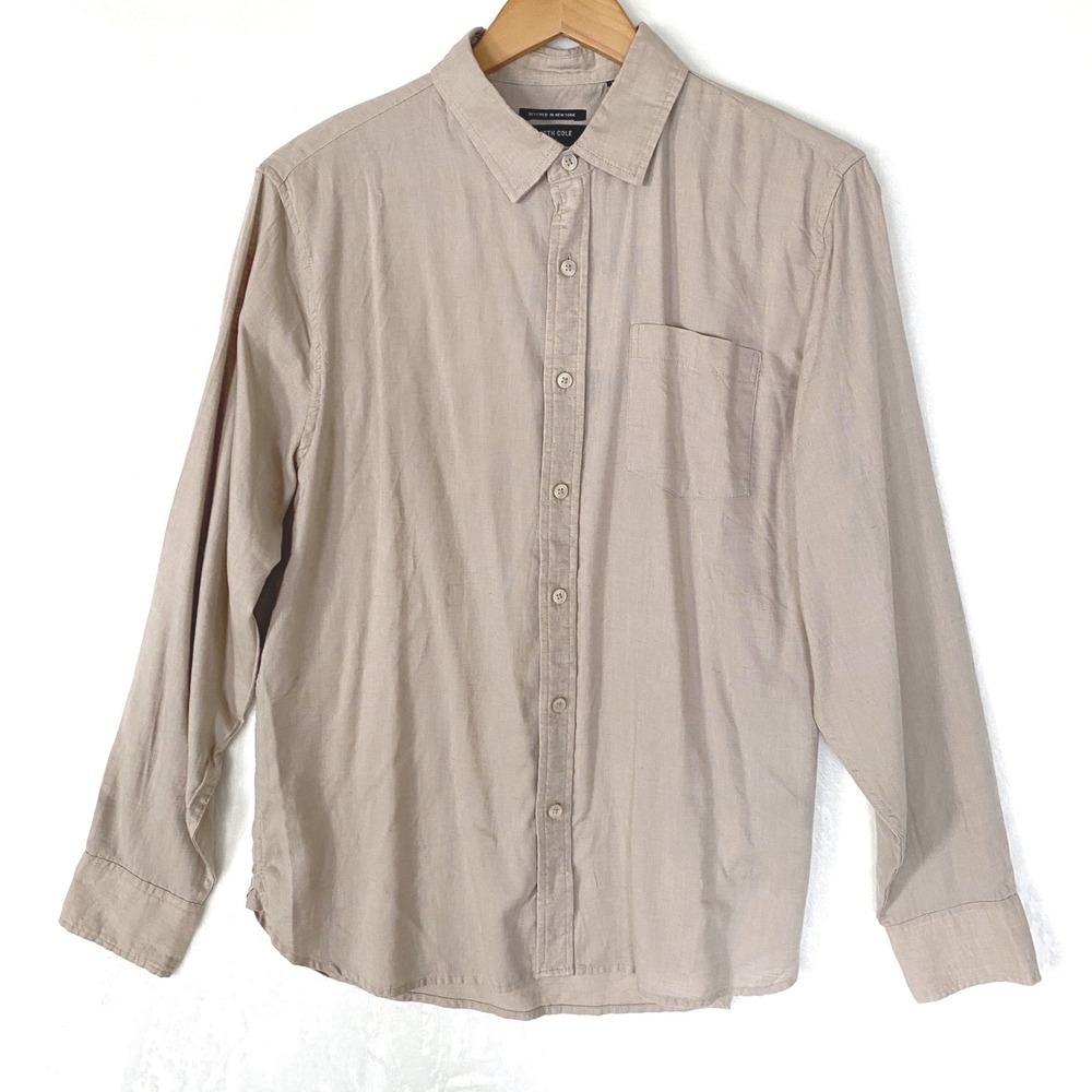 Kenneth Cole New York‎ Mens Button Down Shirt Tan Sand Regular Fit Linen Blend M